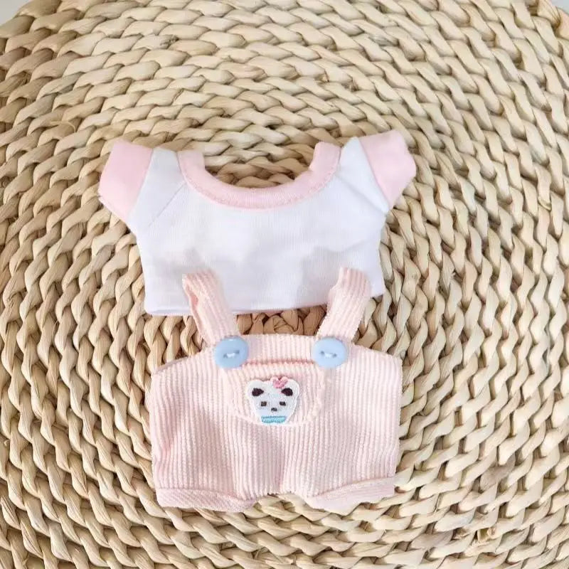 17cm Mini Plush Doll'S Clothes Outfit Accessories For Korea Kpop Exo Labubu Idol Dolls Corduroy overalls T-shirt Clothing Gift