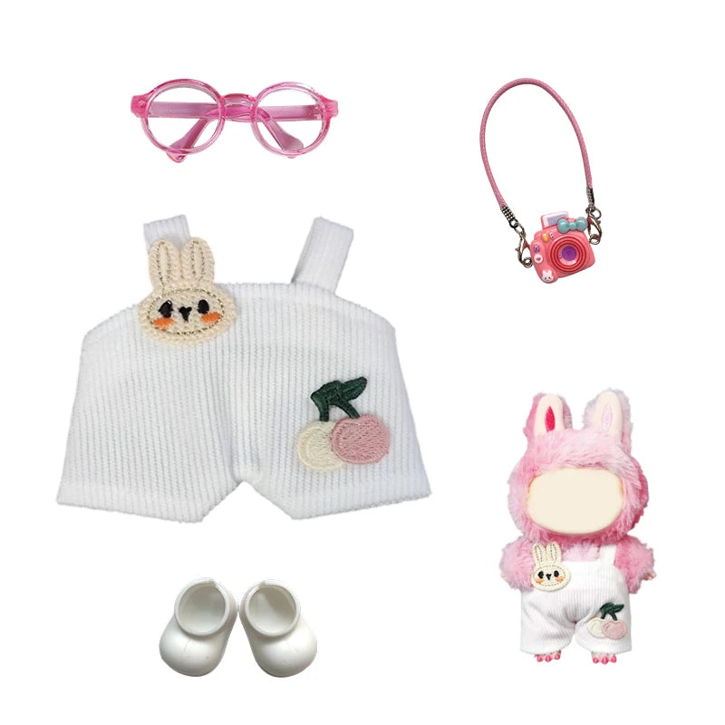17cm Mini Plush Doll'S Clothes Outfit Accessories For Korea Kpop Exo Labubu Idol Dolls Corduroy overalls T-shirt Clothing Gift