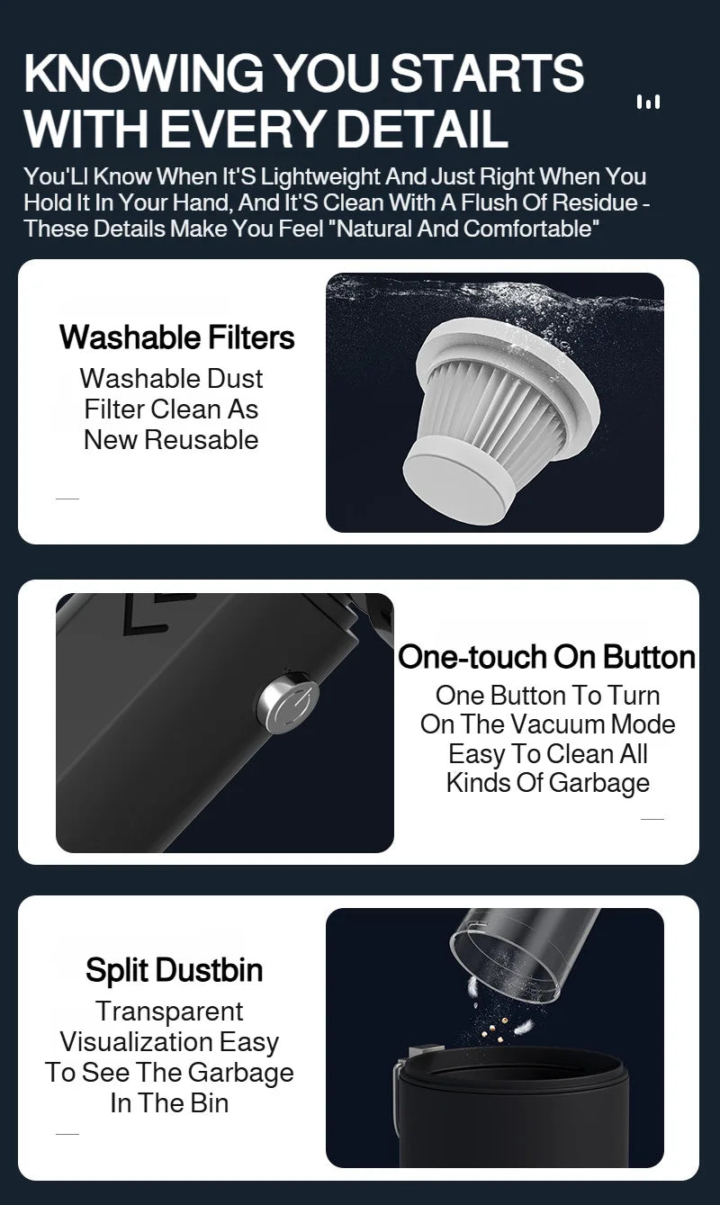 Wireless Rechargeable Car Vacuum Cleaner, Home & Car Dual Use Handheld Portable, High Power Strong Suction，Easy Clean for